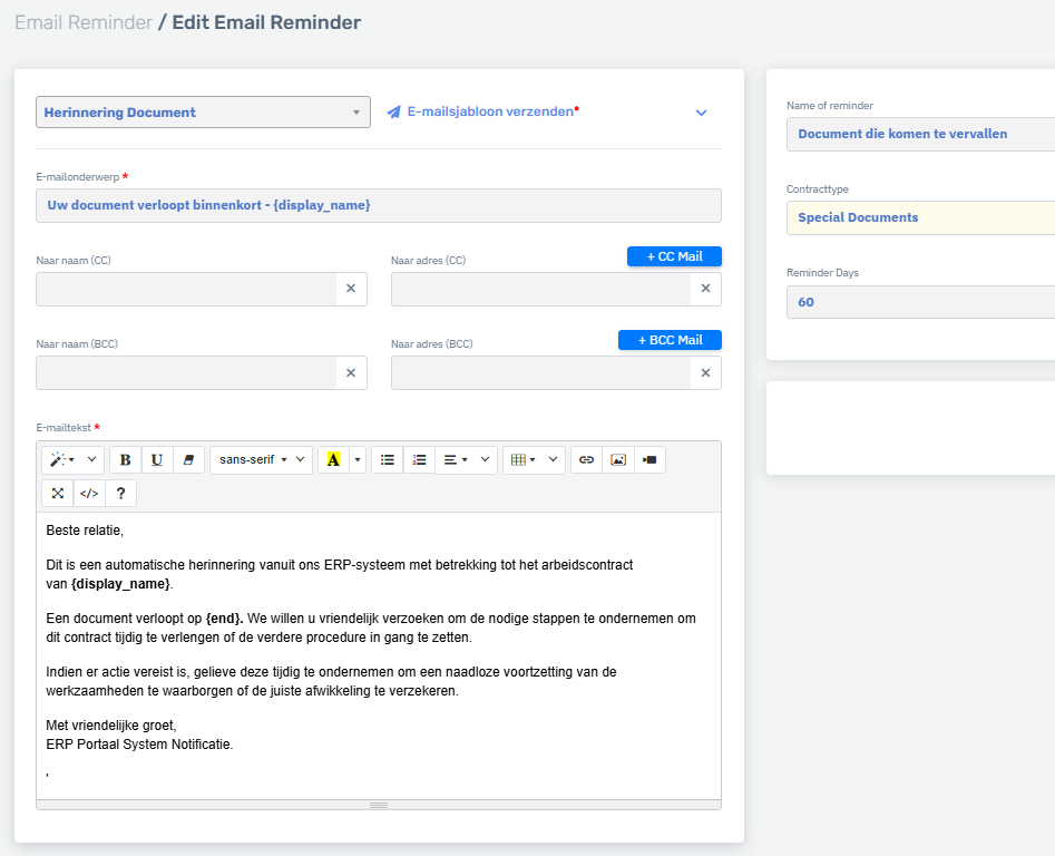 HRM software - stel zelf in; automatische reminders voor updaten van documenten en contracten - ERP software met HRM module