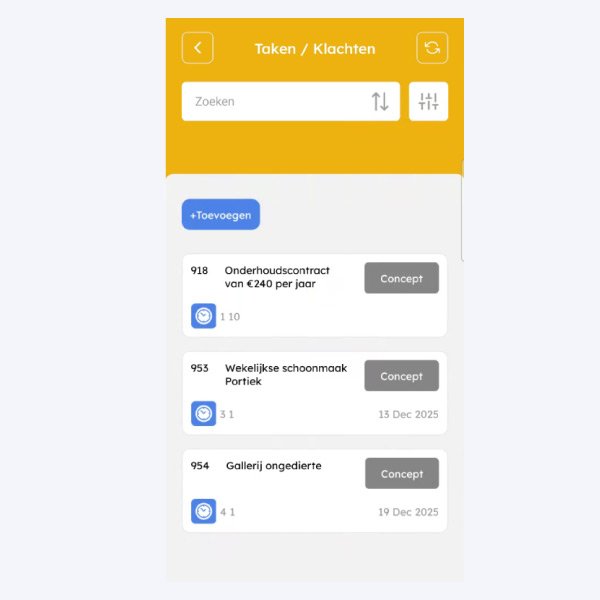 overzicht in de app van taken en klachten, erp systeem om workflow te automatiseren